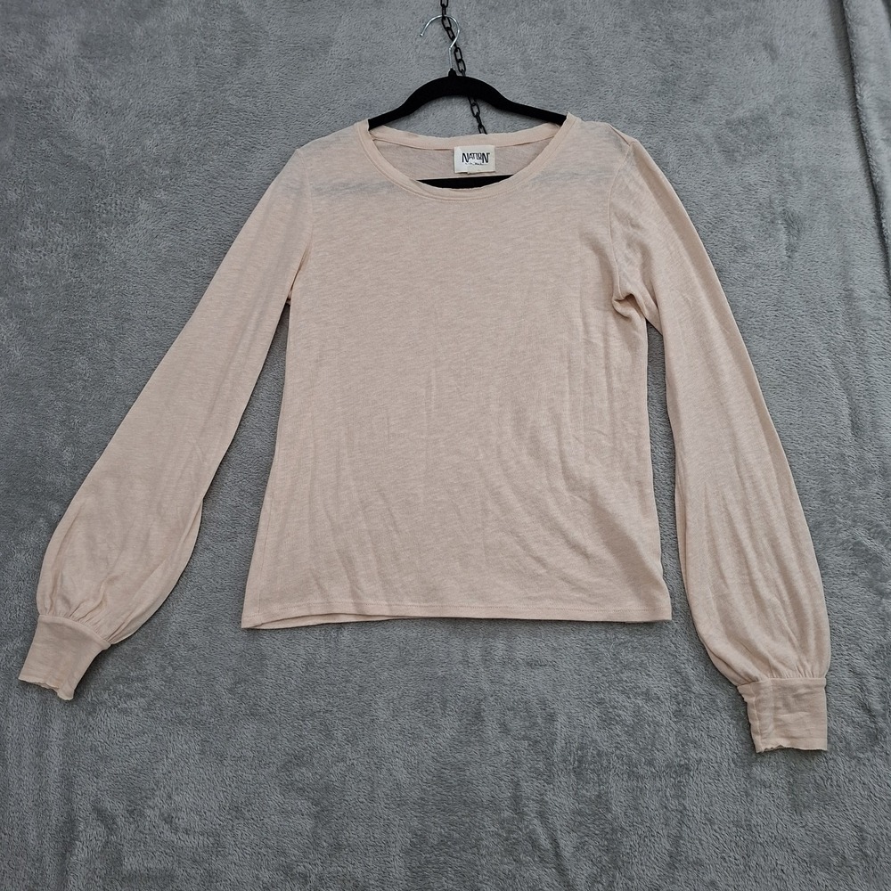 Nation LTD Shirt Top Sz S Soft Pink Round Neck Long Balloon‎ Sleeve Lightwaight